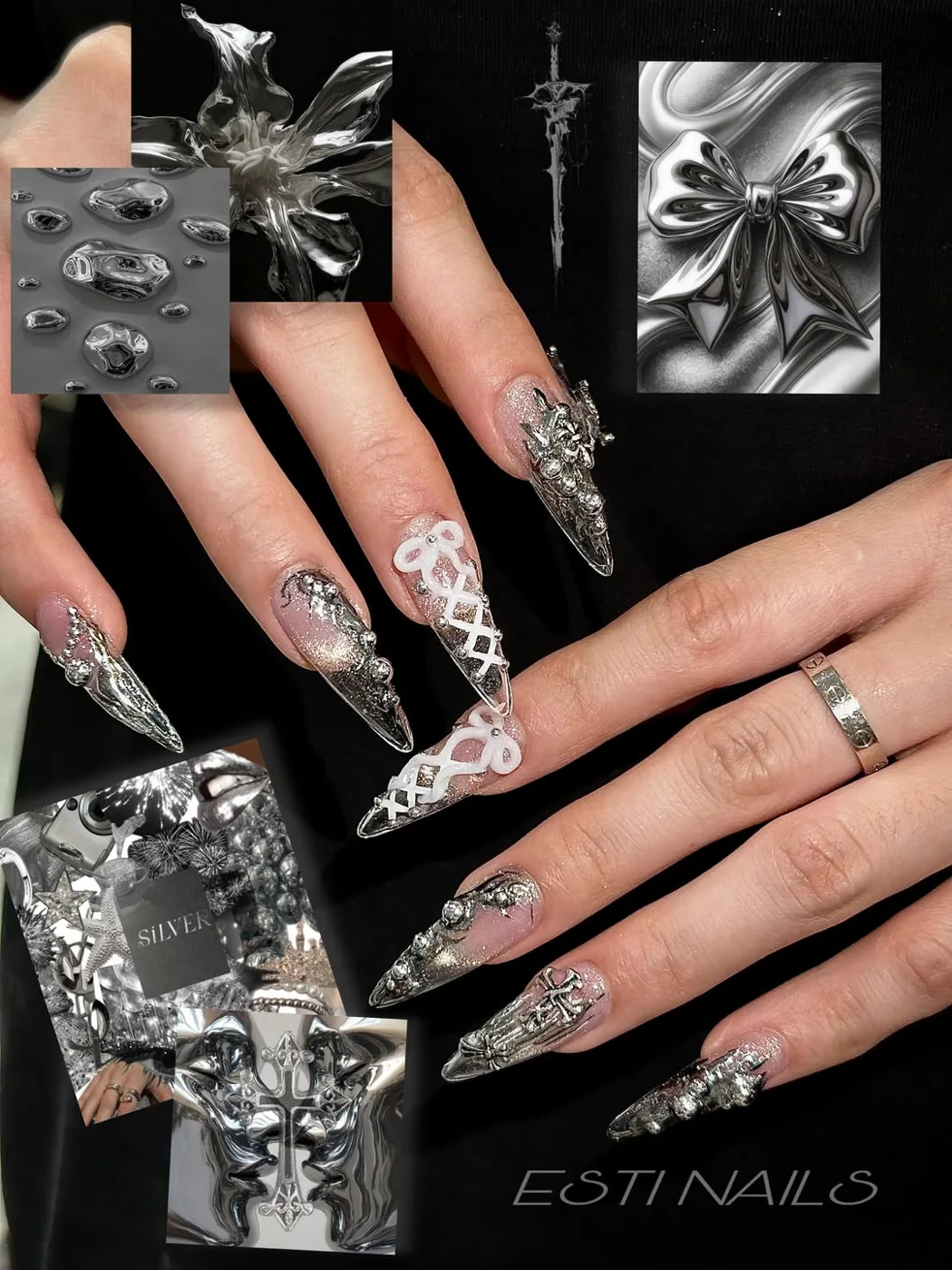 Silver sculpture nail art at ESTI Nails Studio